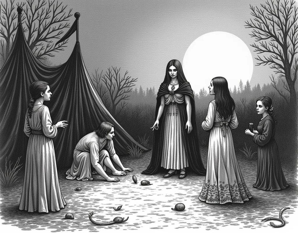 Line drawing, black and white, illustrations, engravings, etchings, One All Saints' Day, at dusk, you are invited to a strange circus tent, where a mysterious female fortune teller speaks to you of the bad omen that will befall you.