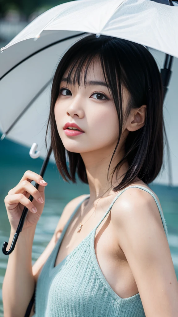 top-quality、uhd、(1girl in), masutepiece, Photorealistic, 8k, (Realistic: 1.2), Bust up images、港の海を見つめている、、holding an umbrella in your hand、it&#39;s raining、Gloomy sky、