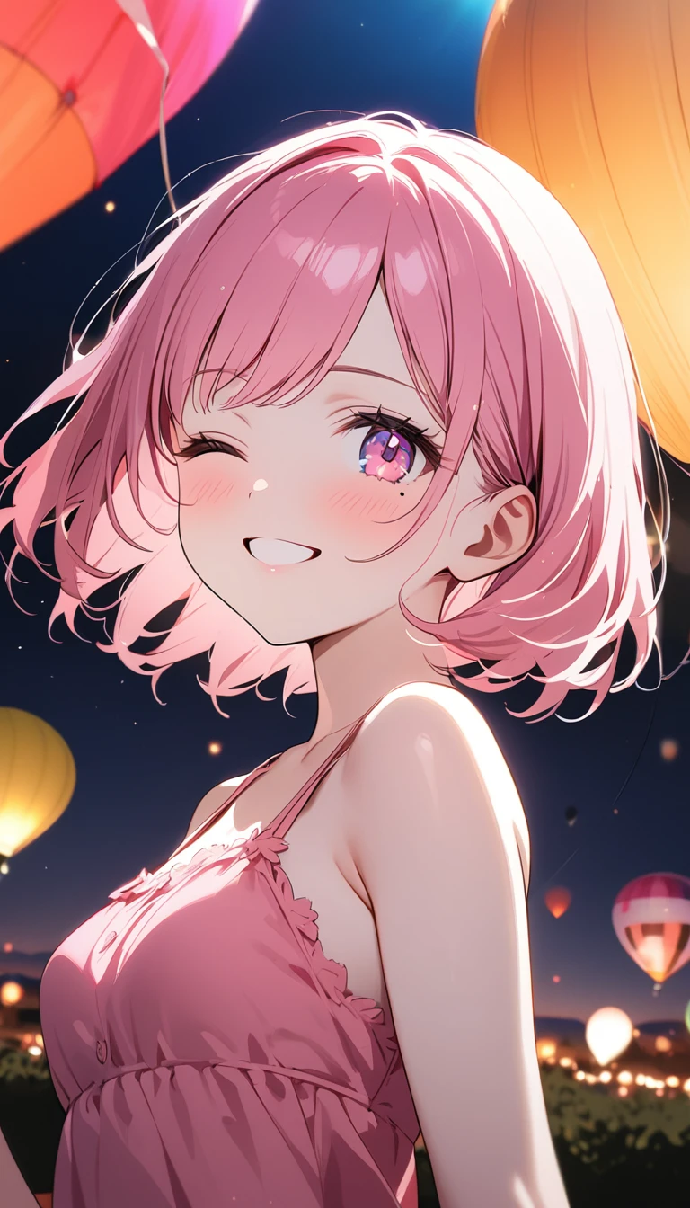 (1 girl),(Best Picture Quality, 8K, Masterpiece:1.3), (high school student:1.5), ((pink lob hair:1.1)), (bob cut),(swept bangs), (cute eyes, pupil black, iris skyblue, youthful face), (mole under right eye), (standard weight), (small breasts),(big hip), (glistening skin:1.1),(pale skin:1.2),(happy:1.3),(one eye closed),(pink sundress),(Albuquerque International Balloon Fiesta),(in the night),((portrait)),(index finger raised),(Front Light).