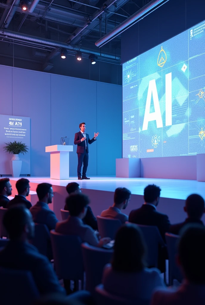 Typography poster, A man stands behind a podium，Presenting slides to the audience on a large screen in a conference room, "AI art is free for everyone", 3D Rendering, Reality, Pixar