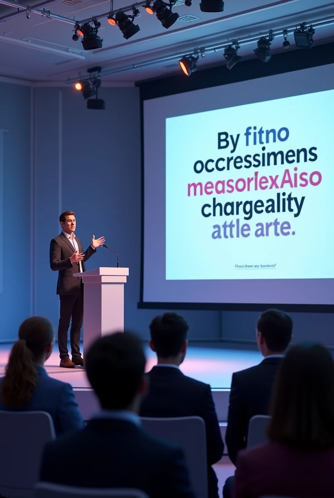 Typography poster, A man stands behind a podium，Presenting slides to the audience on a large screen in a conference room, "AI art is free for everyone", 3D Rendering, Reality, Pixar