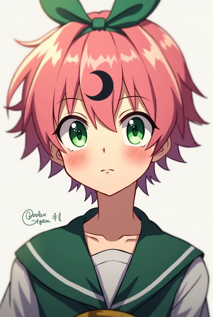 A very handsome male character of about 18 years old from the anime Boku no hero academy who has the following short pink hair , who has two green bows in her hair. The character has green eyes . On her forehead she has a black crescent moon symbol and she is chubby..
