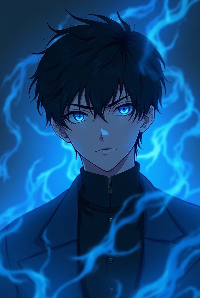 Anime Boy shadow with dark blue glowing eyes and blue mist