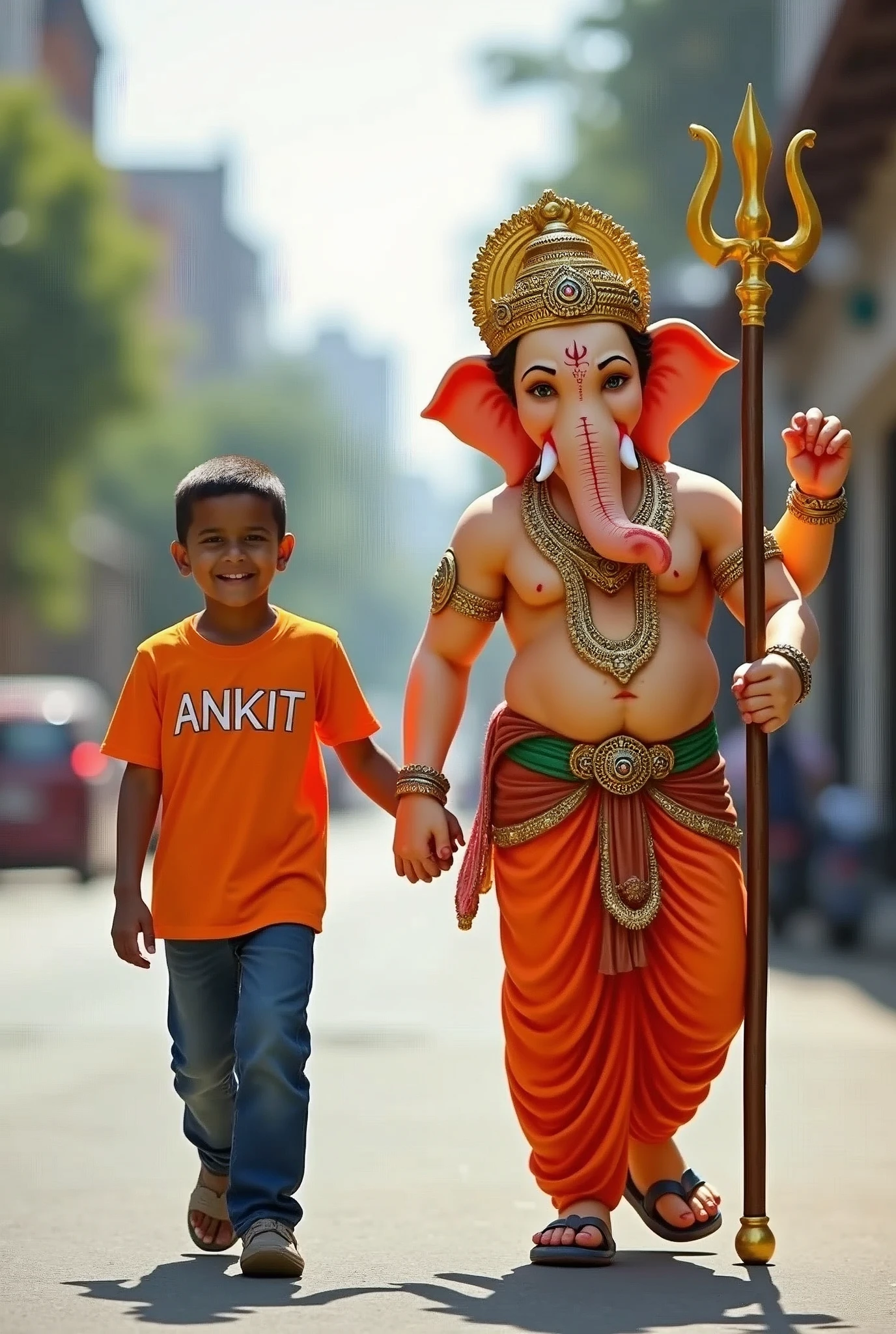 A young boy wearing an orange t-shirt with 'ANKIT' written on it, walking hand in hand with a majestic and traditional Hindu deity, Lord Ganesha. The boy is smiling, looking content and happy. Lord Ganesha is depicted in his traditional form with an elephant head, holding a trident and blessing the boy. They are walking together on a modern city street with houses and trees in the background. The scene is bright and colorful, capturing a blend of tradition and modernity.