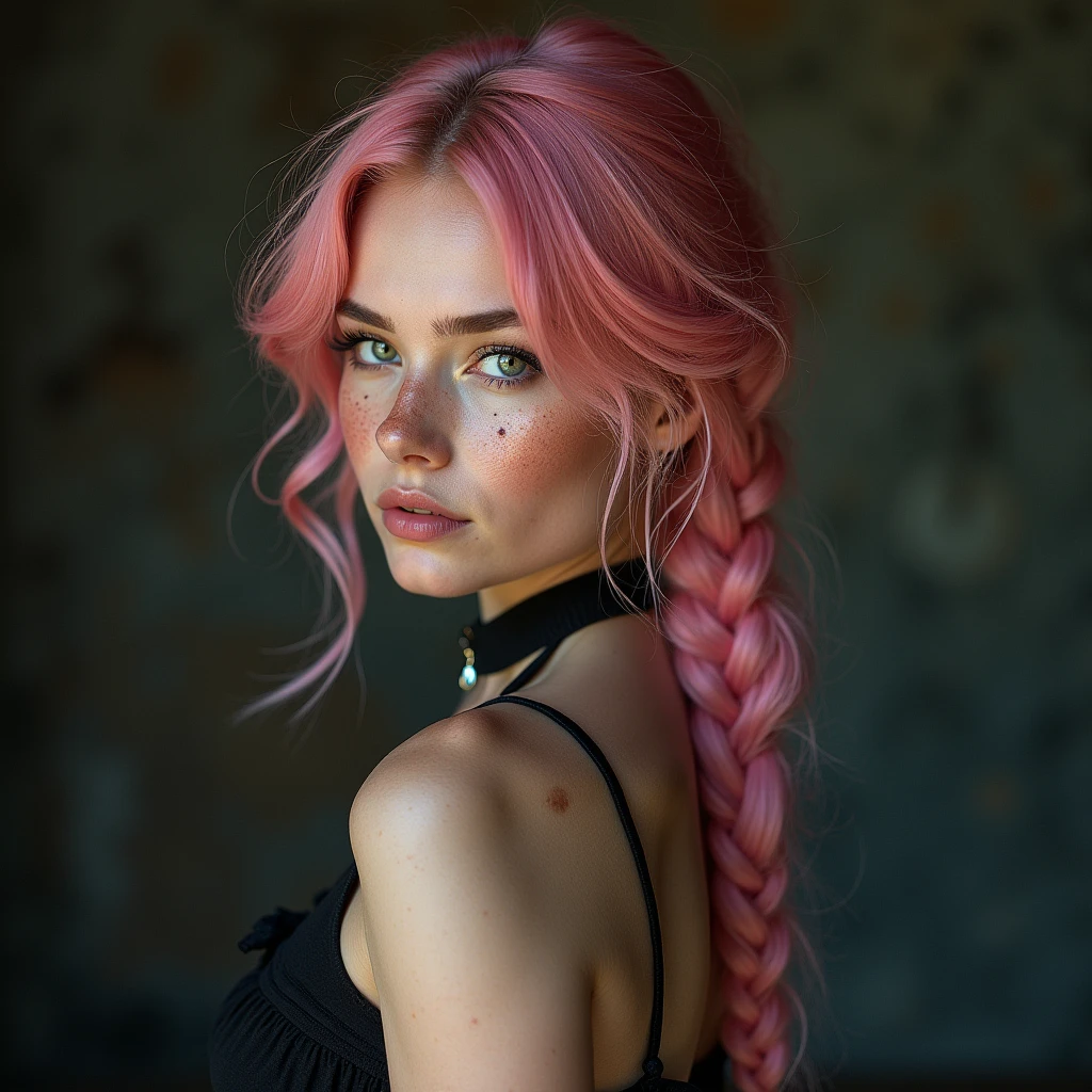 (Realisttic:1.2), analog photo style, Beautiful young woman, posing, with freckles and long pink hair braided, (steampunk dark fantasy atmosphere), soft natural light, cute and sexy, great quality, Masterpiece, detailed strange background, better performance, 16k quality, RAW photo
