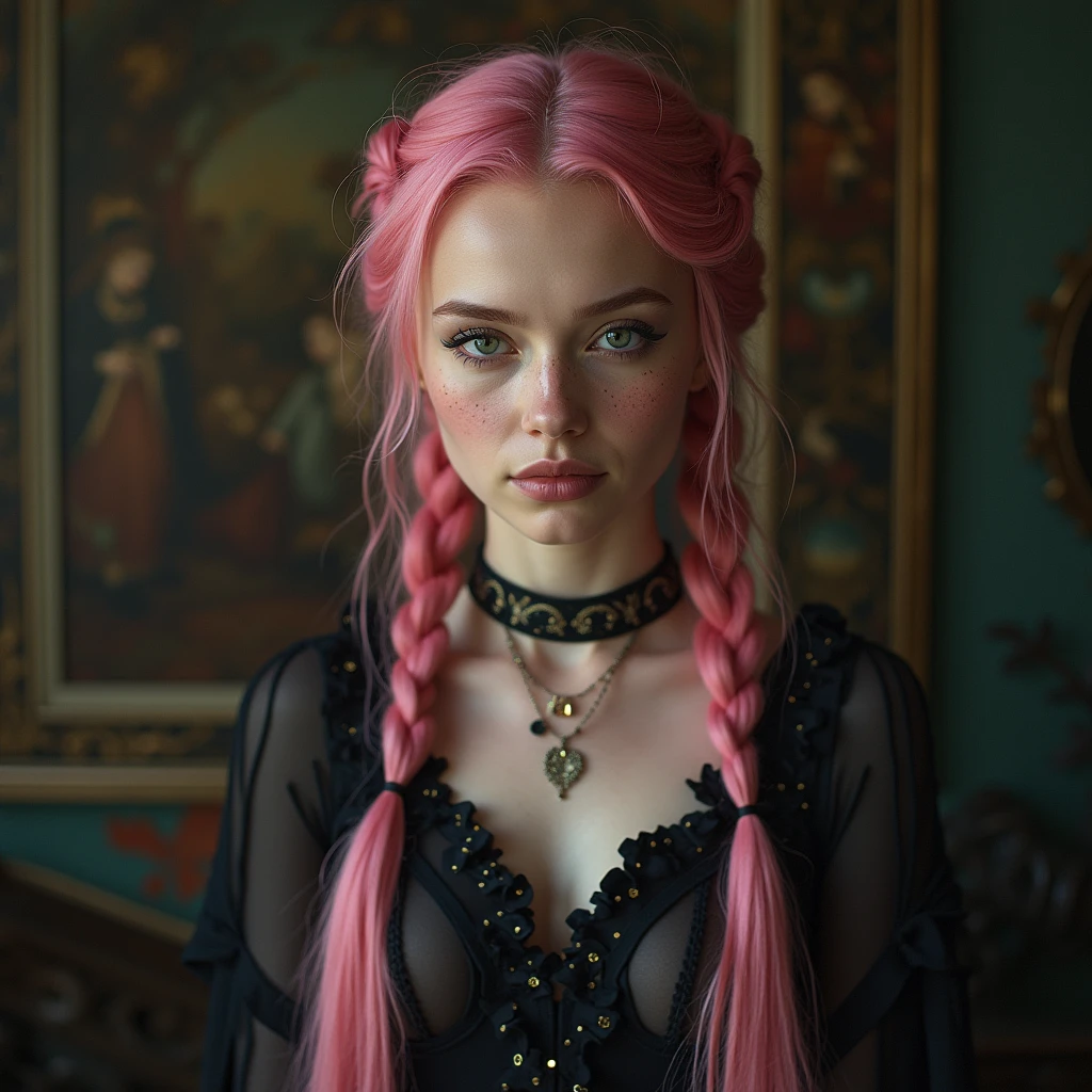 (Realisttic:1.2), analog photo style, Beautiful young woman, posing, with freckles and long pink hair braided, (steampunk dark fantasy atmosphere), soft natural light, cute and sexy, great quality, Masterpiece, detailed strange background, better performance, 16k quality, RAW photo