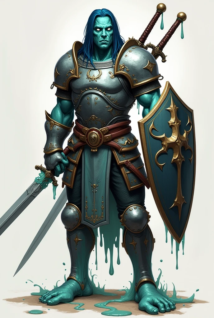 A half slime girl, a buff and slightly slim physique, with Dark blue hair and light blue eyes, with medieval armor while having a shield and two swords on her back.