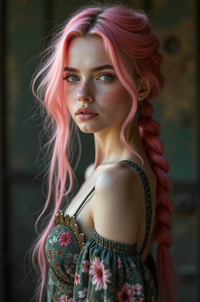 (Realisttic:1.2), analog photo style, Beautiful young woman, posing, with freckles and long pink hair braided, (steampunk dark fantasy atmosphere), soft natural light, cute and sexy, great quality, Masterpiece, detailed strange background, better performance, 16k quality, RAW photo