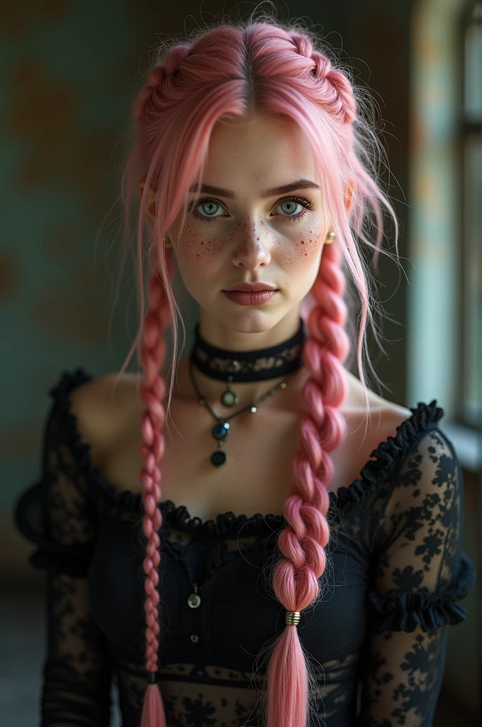 (Realisttic:1.2), analog photo style, Beautiful young woman, posing, with freckles and long pink hair braided, (steampunk dark fantasy atmosphere), soft natural light, cute and sexy, great quality, Masterpiece, detailed strange background, better performance, 16k quality, RAW photo