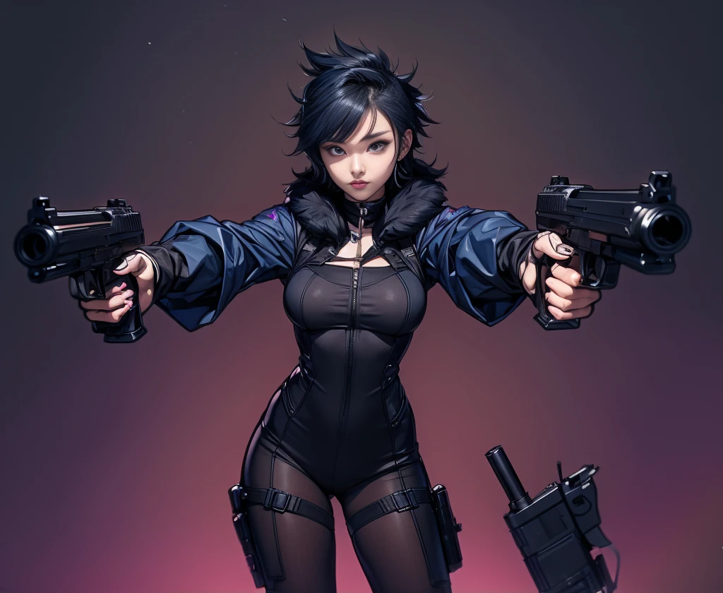 elaizaikedareal、A young woman with a bold look and hairstyle、I have a gun in my hand。She holds the gun with confidence、Because I'm ready to compete、The chest is prominent。
