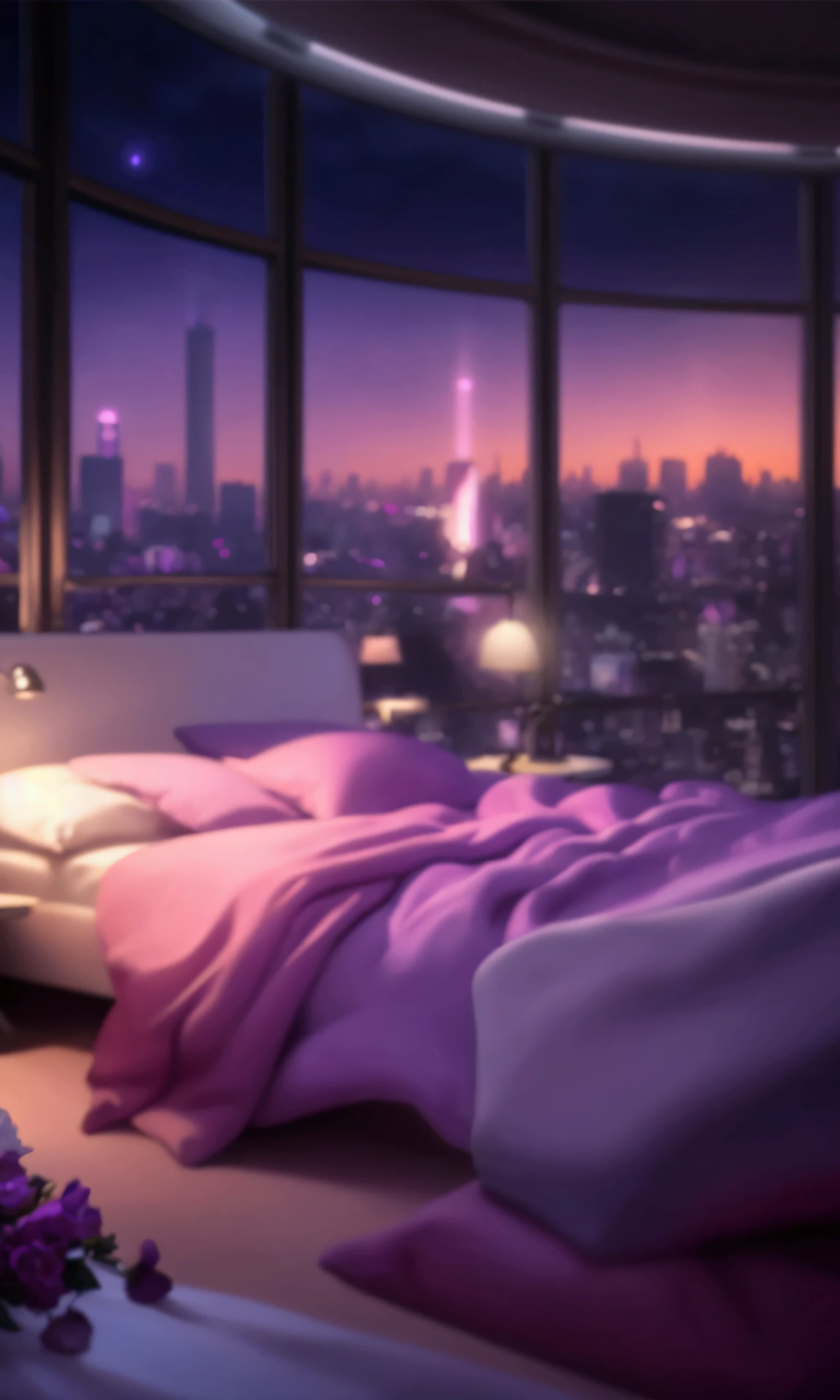 purple and white bedroom with a view of the city, bedroom background, background blurred, blurry and dreamy illustration, blurred and dreamy illustration, personal room background, some background blur, blurred background, blurred photo, dreamy night, unreal engine ; romantic theme, night time city background, the background is blurred, cyberpunk bedroom at night, ultra realistic picture, night - time city background