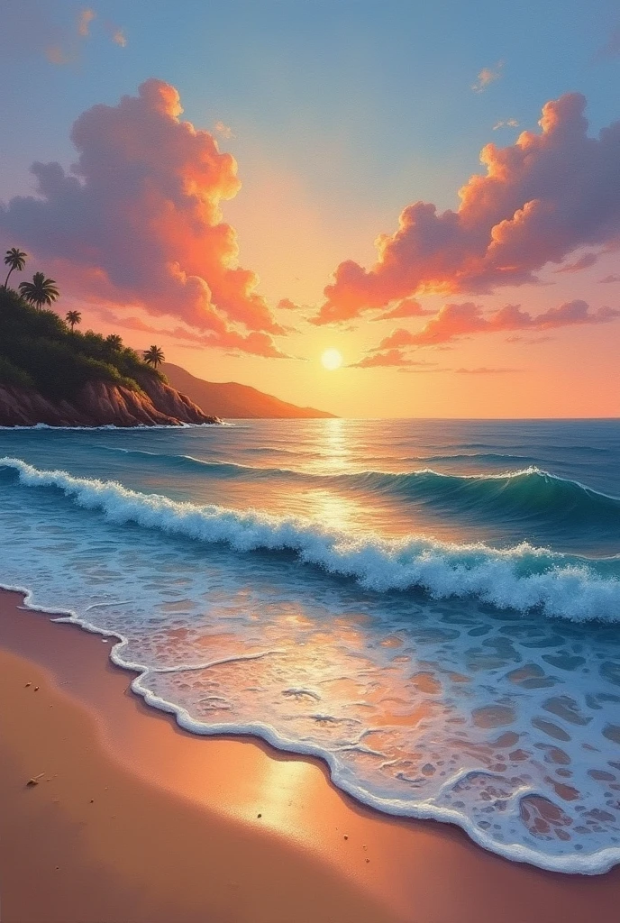 view of the beach and the sea at sunrise, oil painting, wide diaper 28 mm