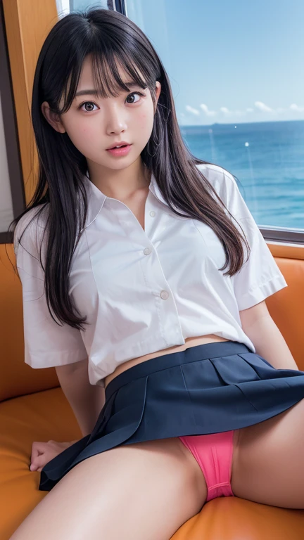 1girl,perfect Ratio Face, Balanced eyes, double eyelid,japanese,yr,round face, an innocent face, embarrassed, open mouth,Beautiful nasal muscles, lipgloss,((show fluorescent color panties)), flat chest,open legs,spread legs,((uniform,skirt)),on cruiser ship,sea viewing