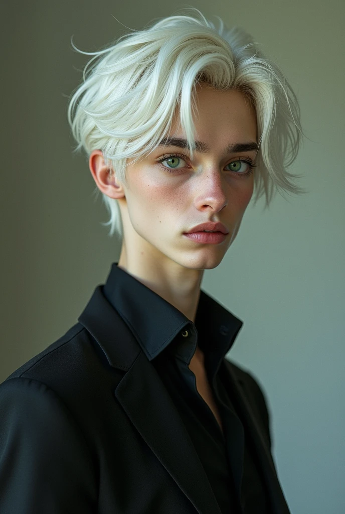 Tall young man with white hair and green eyes and a slim build