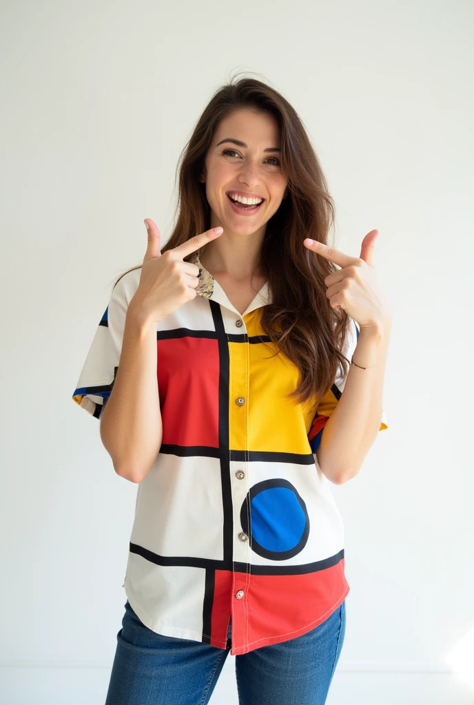 One Woman,Brown long hair,Have a happy face、He is wearing a shirt with Mondrian&#39;s Composition pattern.,The shirt is made up of red, yellow, blue and white squares.,Blue jeans,Holding both hands in a fist, pointing thumbs towards one&#39;s face、Red sneakers,Standing with weight on the right foot、Simple Background、Taken with a Fujifilm SLR