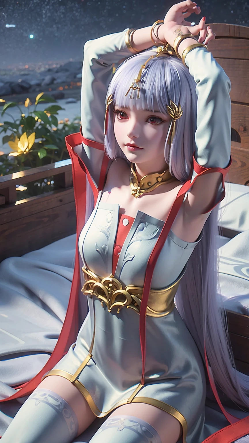 
(((1 girl)),Ray tracing,[Detailed background (bedroom)),((Slim Girl))) Starry sky background，((((Girls wear dresses, With transparent stockings), Show off your exquisite figure and graceful curves, correct limbs, Sitting on the bed，Put your hands behind your head, Put your hands behind your head