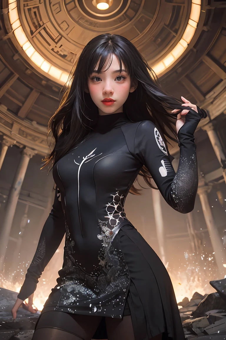 ((masterpiece, best quality)), ultra detailed 8k, photorealistic, sharp focus, highly detailed, professional lighting , shadowmancer, photo of a woman, ink particle, ((swirling black ink floating around)), futuristic fantasy, futuristic black dress, dynamic pose, realistic, masterpiece, intricate details, detailed background, depth of field, 