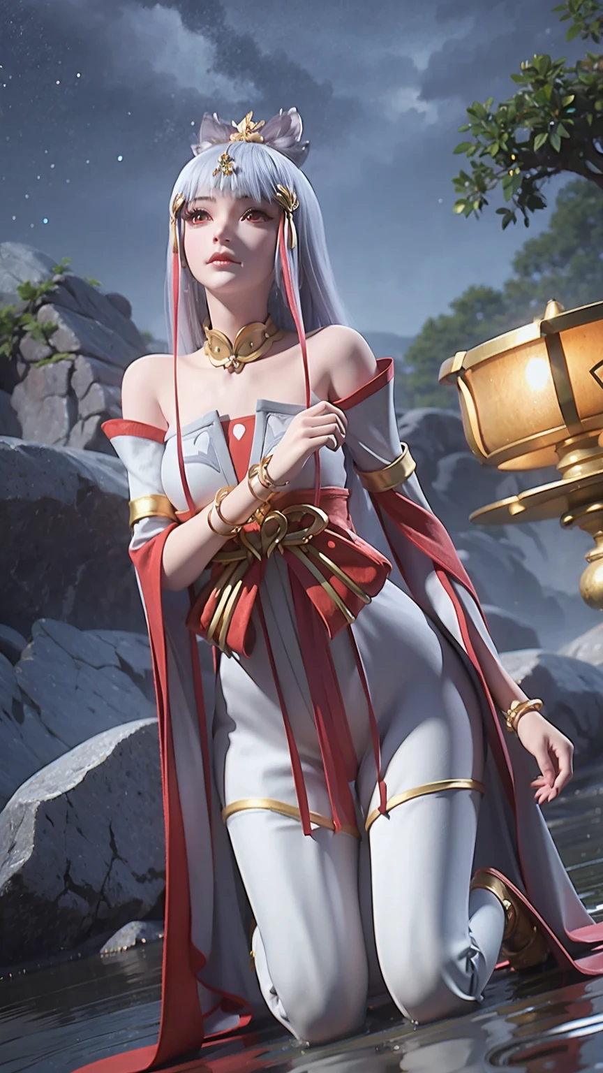 Cartoon woman kneeling on the starry sky, Water splashes at the knees，CG Social Trends, Smooth anime CG art, Starry sky background，Full body view，Royal sister kneeling posture