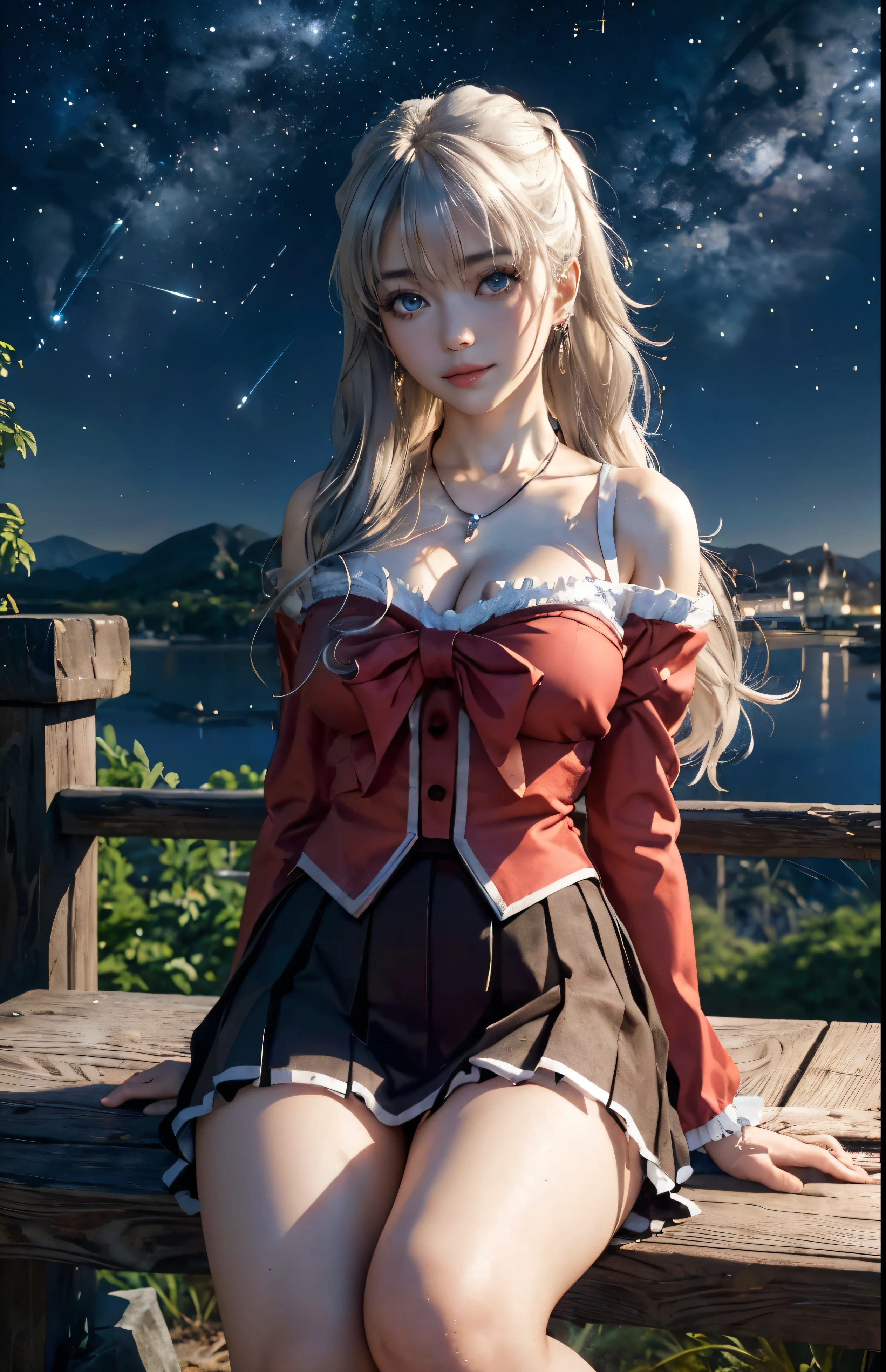 Nao Tomori/(Charlotte/), anime style, 1girl Focused, UHD, masterpiece, high quality, high details, best quality, highres, HD, 4K, depth of field, light over face, symmetry, Hasselblad, an extremely delicate and beautiful, extremely detailed, Amazing, finely detail, masterpiece, best quality, official art, Highres, incredibly Highres, huge filesize, ultra-detailed, highres, extremely detailed, beautiful detailed girl,  female focus, mature female, (sexy Asian female:1.45), adult, ultra white skin, delicate face, delicate skin, realistic skin, make over face, (looking at viewer)!!, (curvy hair with double tied up)!!, (bare shoulders)!!, blush, closed mouth, seductive smile, fresh lips, detached sleeves, earrings, fingernails, hair between eyes,  White hair bangs, (ultra shine white hair)!!, very long hair, detailed realistic hair, (school uniform clothes)!!!, detailed realistic clothes, neck garter, necklace, plump breasts, (breast cleavage)!!, super seductive temptation, open skirt, slim legs, petticoat, fishnet legs, stockigs, smooth thighs cleavage, garter thighs, armpit, erotic, nontraditional Nao Tomori, (sharp eyes)!!, (eye's pupils colored by Blue:1.25)!!, (homochromatic eyes)!!, (exposed eyes)!!, Fantasy art, starlit city, starry night, fantasy world, Mystycal Sky, celestial beauty, enchanted evening, magical scenery, dreamy vista, futuristic fantasy, mystic mountains, night sky magic, fairy tale setting, cosmic view, mytichal city, ethereal night, fantasy journey, legendary land,  (1girl sit down at hill with full of flower)!!!!, the girl looking at the sky, Nao Tomori/(Charlotte/), (correct anatomically)!!