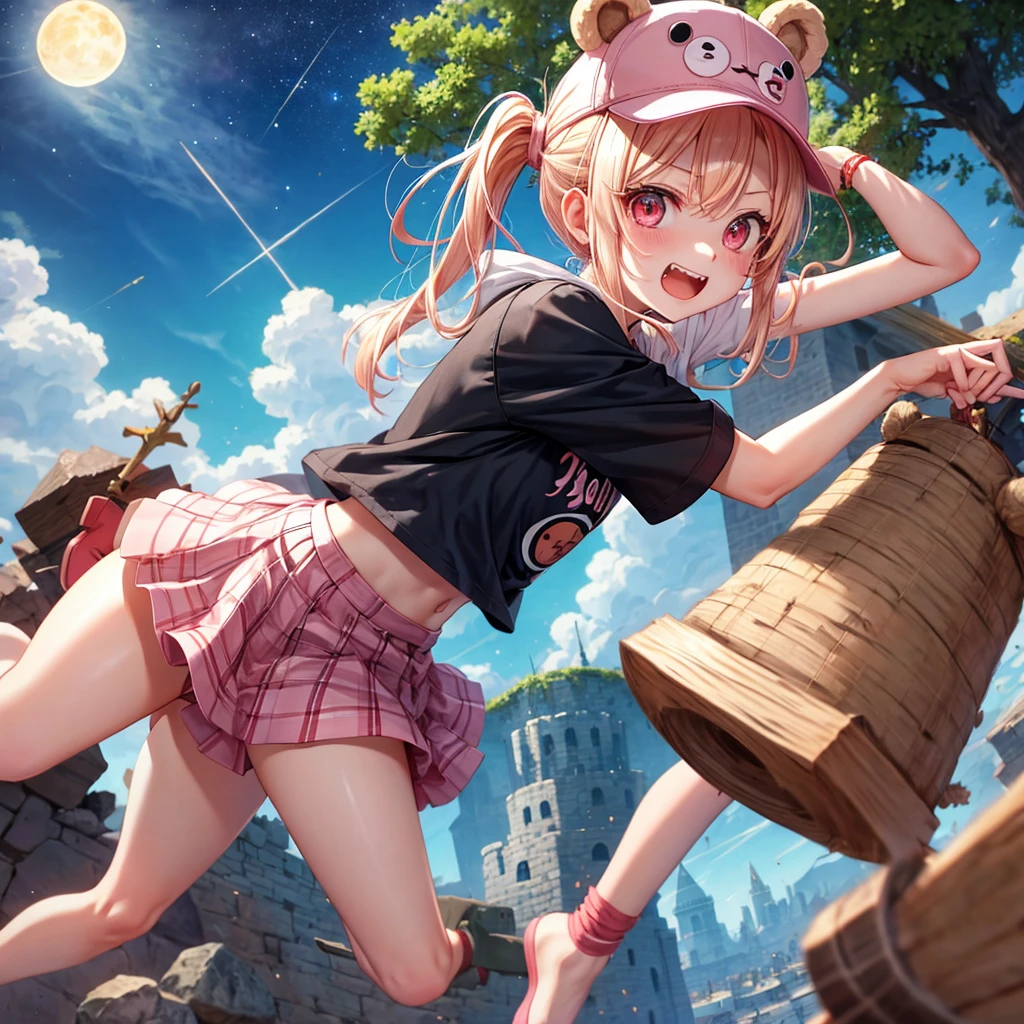 Pink Blonde、Red eyes、Hair tied up、One cute girl、solo、And soul、Light clothing、Checked mini skirt、black t-shirts、one piece、bear ears baseball cap、large tree、Thundercloud、Burning Full Moon、desert、Stones are piled up、Teeth are visible、Fortress City、Tilting face、Starry Sky、firework、A teddy bear is jumping