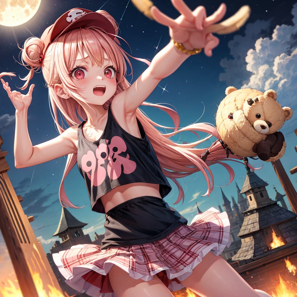 Pink Blonde、Red eyes、Hair tied up、One cute girl、solo、And soul、Light clothing、Checked mini skirt、black t-shirts、one piece、bear ears baseball cap、large tree、Thundercloud、Burning Full Moon、desert、Stones are piled up、Teeth are visible、Fortress City、Tilting face、Starry Sky、firework、A teddy bear is jumping