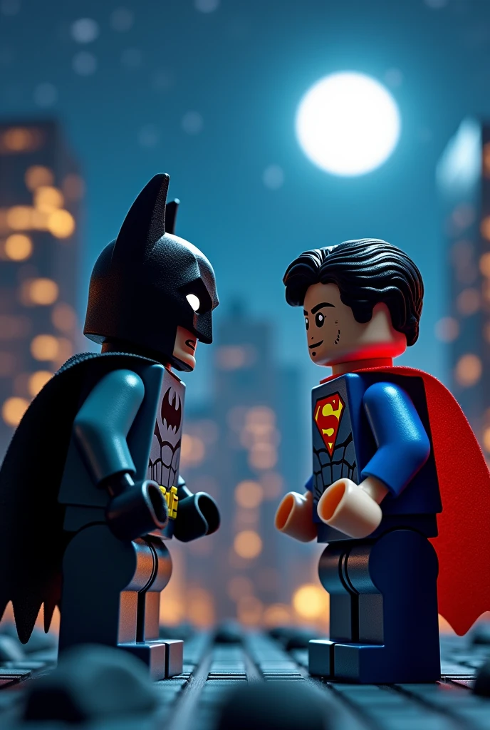 Superman and Batman in lego art, night