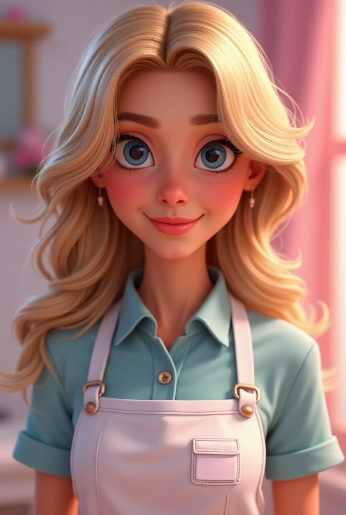 A blonde woman with blue eyes,length hair, work clothes as a beautician, pixar art.