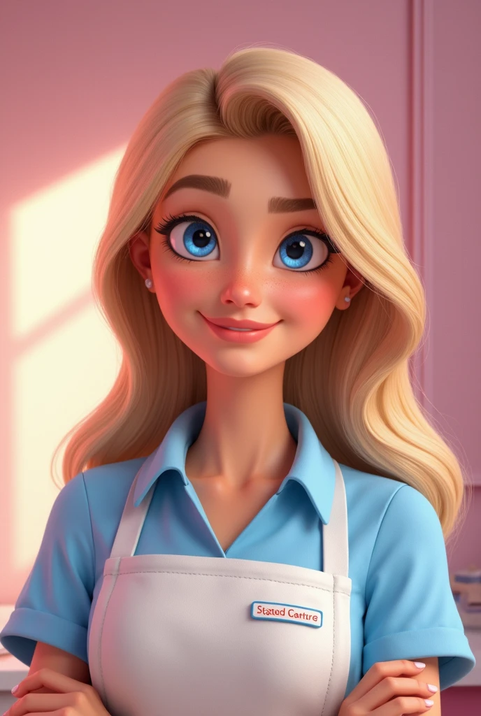 A blonde woman with blue eyes,length hair, work clothes as a beautician, pixar art.