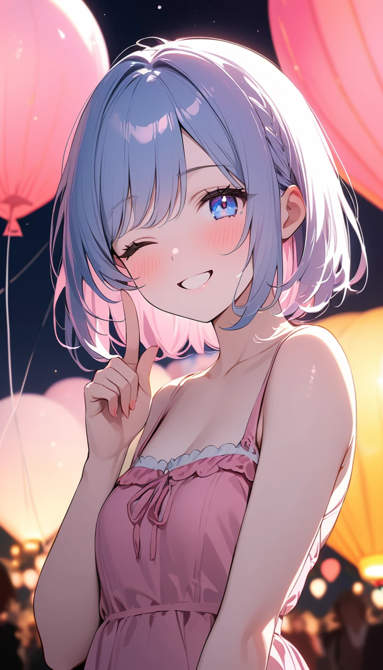 (1 girl),(Best Picture Quality, 8K, Masterpiece:1.3), (high school student:1.5), ((pink lob hair:1.1)), (bob cut),(swept bangs), (cute eyes, pupil black, iris skyblue, youthful face), (mole under right eye), (standard weight), (small breasts),(big hip), (glistening skin:1.1),(pale skin:1.2),(happy:1.3),(one eye closed),(pink sundress),(Albuquerque International Balloon Fiesta),(in the night),((portrait)),(index finger raised),(Front Light).