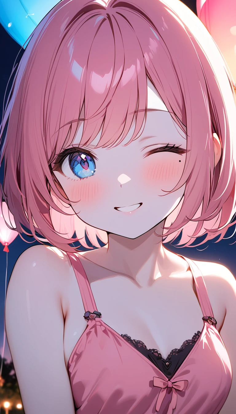 1girl,solo,cute,pink hair,close eyes,face focus,stick out tongue,long tongue,open mouth,from the front,in bed room