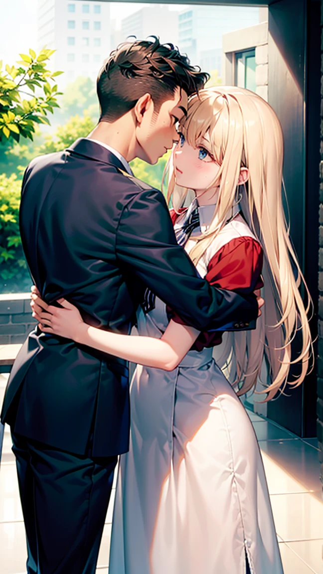 masterpiece, best quality, highres, 1girl, 1boy, standing kiss, (anime girl with long blonde hair wearing a business suit) (anime boy with soft feminine features with brown hair and wearing a soft white sweater with a green apron and blue jeans) girl's hand gently caressing boy's cheek as she kisses