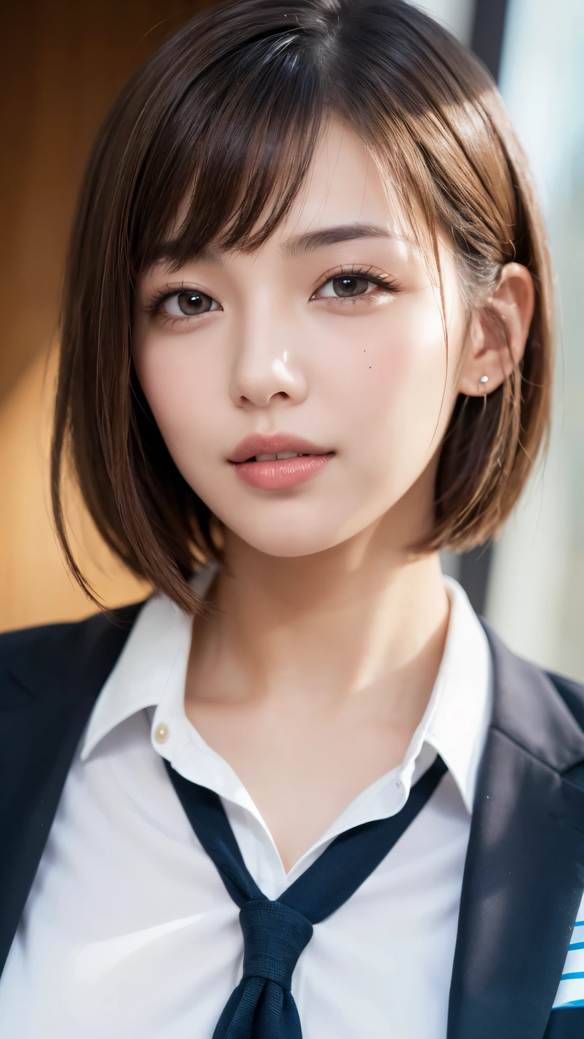 (masterpiece:1.3), high resolution, ultra detailed, extremely detailed CG unity 16k wallpaper, realistic, photo-realistic, RAW photo, super fucking beautiful detailed face, natural makeup, pale skin, realistic glistening skin, detailed cloth texture, detailed hair texture, beautiful detailed fullbody, Perfect female body, accurate, Anatomically correct, Highly detailed face and skin texture, natural neck length, (beautiful hands), (fair skin:1.1), (well-aligned teeth:1.1), (beautiful breasts), (Perfect dynamic composition, looking at viewer), (Random and sexy poses:1.3),
BREAK,
Detailed eyes, symmetric eyes, Light Brown eyes, Double eyelids, Thin eyebrows, (Glossy lips:1.4), ((A face with waiting for a kiss:1.2)), (blush:1.1), (A sparkling small hair accessory:1.1), (beautiful smile:1.1), (sweat skin,blush:1.2),
BREAK,
((short hair, bob, Dark blonde hair, bangs:1.2)), (High school girl, School, school uniform:1.3)