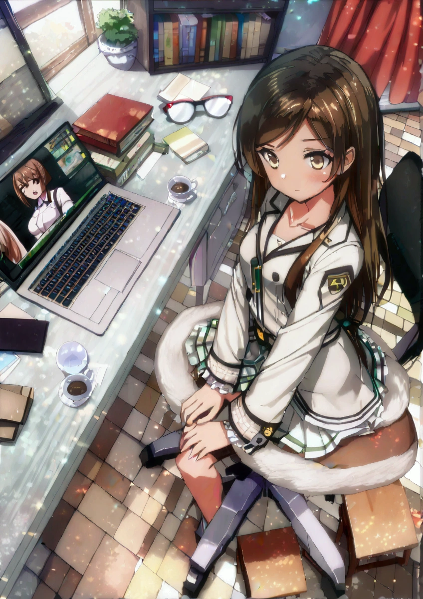 1 anime girl sitting in front of a computer desk with a cat on the desk, from girls frontline, fine details. girls frontline universe, girls frontline style, girls frontline cg, kantai collection style, by Akihiko Yoshida, yayoi kasuma, female protagonist 👀 :8, (hair swept bangs:1.3), (long brown hair:1.3), anime moe artstyle, digital anime illustration, digital anime art!!, (anime girl), sitting at a computer, kantai collection style, visual novel cg, young anime girl, anime girl desktop background, in anime style, on a desk, at pixiv, cyber school girl
