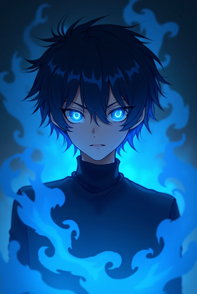 Anime Boy shadow with dark blue hair and dark blue glowing eyes and blue mist