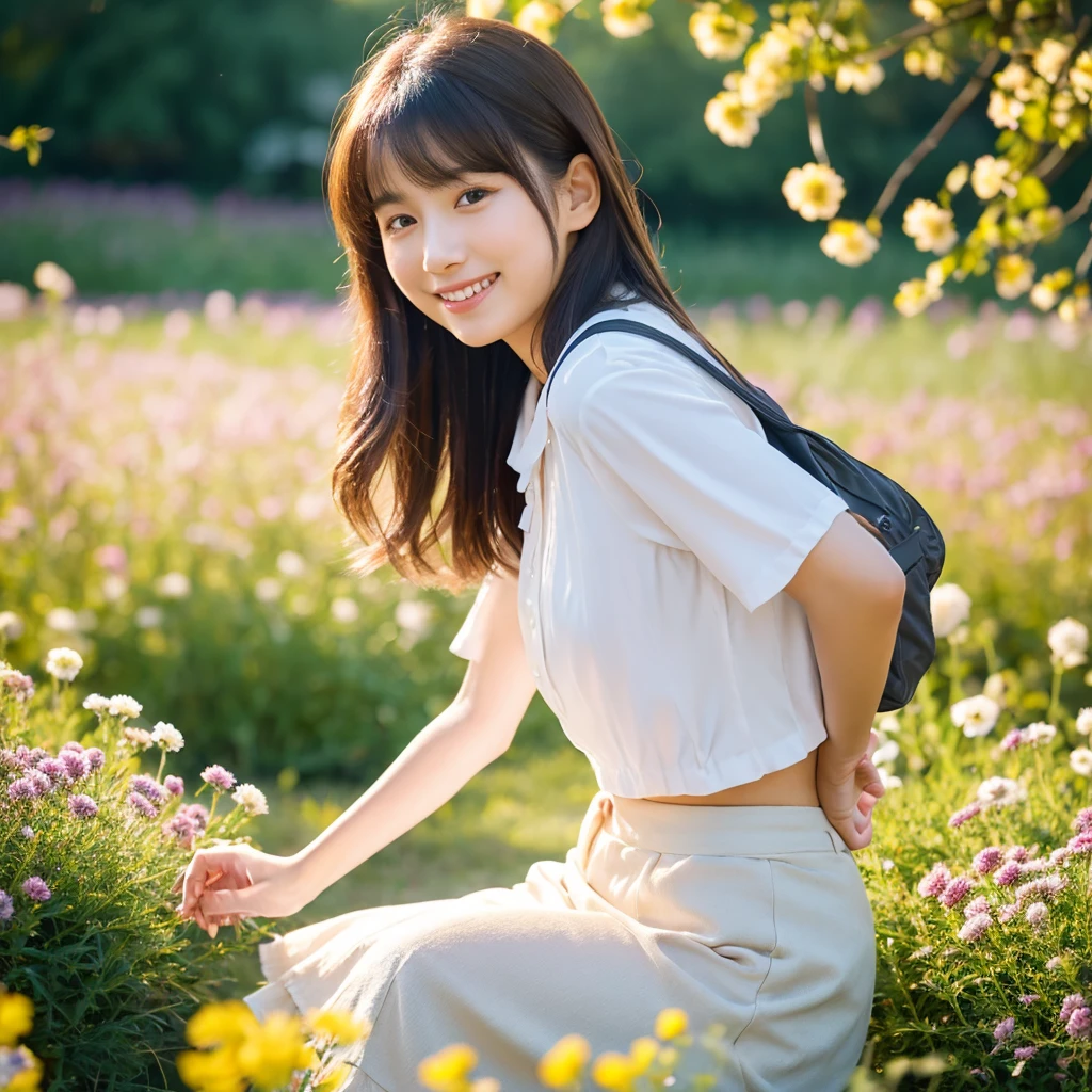 Ultra-detailed 40K photo, masterpiece, ultra high res, (photo realistic:2.0), soft warm lighting, ultra detailed background, front view, full body shot, 1 Japanese girl, kawaii, 20 years old, short brown hair, playfully interacting with a small, fluffy cat. The cat is nuzzling against her as she smiles warmly. She is wearing a floral cropped blouse with short sleeves and frills, a high-waisted white denim skirt in an A-line silhouette, a small backpack, and casual earrings. The scene is set in a beautiful flower field, with the golden light shining on her short hair and the soft petals around her, capturing both the elegance of her pose and the tenderness of the moment with the cat.