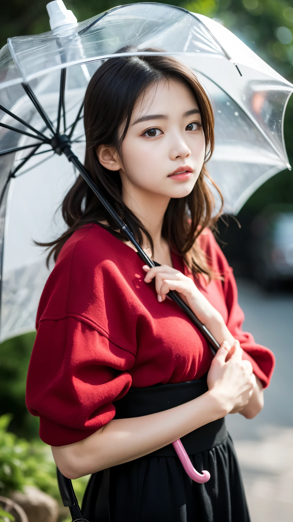 top-quality、uhd、(1girl in), masutepiece, Photorealistic, 8k, (Realistic: 1.2), Bust up images、港の海を見つめている、、holding an umbrella in your hand、it&#39;s raining、Gloomy sky、