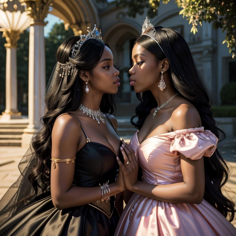 (masterpiece, best quality:1.5), highest quality, High resolution, super detailed, Realists, Upper body of the black princess, black skin, detailed and beautiful eyes, beautiful detailed lips, very detailed eyes and face, longeyelashes, Princess in a short pink dress made of shiny satin fabric, Beautiful and colorful makeup, elegant and noble々Pose,shiny crown and jewels, Royal gardens as background, soft daylight, bright colors, fine brushstrokes, Portrait style, Simple details in the dress fabric, beautiful color palette, glowing skin, First-class rendering, that captures every detail, enchanting atmosphere, subtle shadows and lights, (perfect anatomy:1.2), (Two stunning black princesses are deeply in love:1.4), (kiss:1.2)