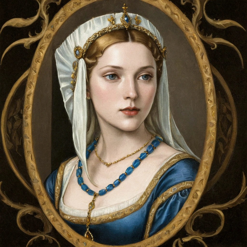 arafed picture of a blonde woman with a white headdress and a blue and gold necklace, renaissance digital painting, in the art style of bowater, inspired by Hans Holbein the Elder, masterpiece! portrait of arwen, inspired by Hans Holbein the Younger, baroque digital painting, inspired by Jeanne Hébuterne, portrait of princess, princess portrait,tudor hat,1500s