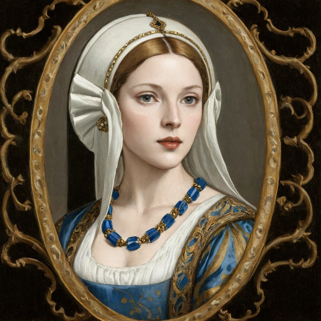 arafed picture of a blonde woman with a white headdress and a blue and gold necklace, renaissance digital painting, in the art style of bowater, inspired by Hans Holbein the Elder, masterpiece! portrait of arwen, inspired by Hans Holbein the Younger, baroque digital painting, inspired by Jeanne Hébuterne, portrait of princess, princess portrait,tudor hat,1500s