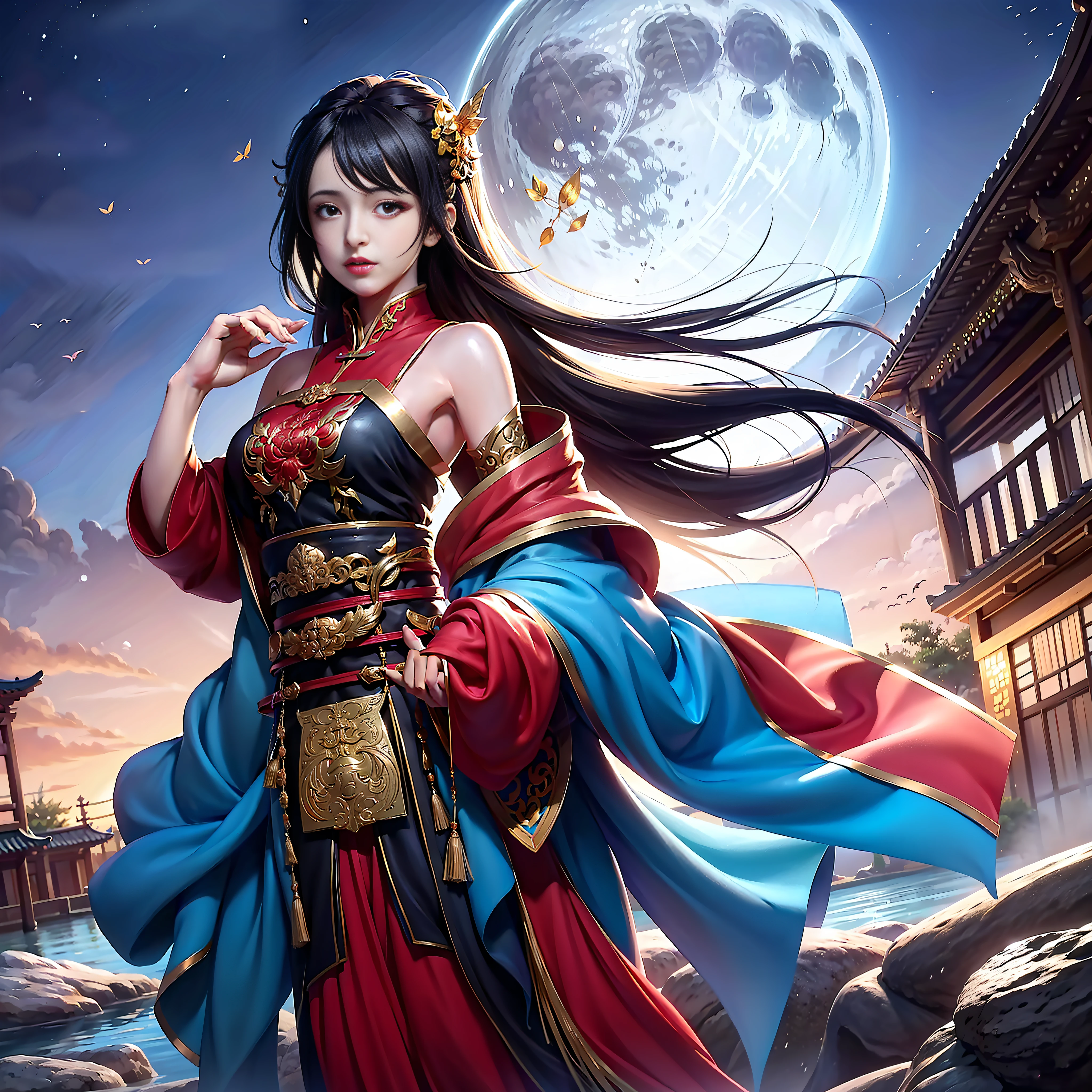 (8k, RAW photos:1.2), best quality, ultra high resolution, dramatic angle, (fluttered detailed color splashes), (illustration), (((1 girl))), (long hair), (rain: 0.9), (headdress: 1.4), There is a palace next to the girl., Hanfu, (importance), color ink painting, (splash color), splash color, (((color))), (sketch: 0.8), masterpiece, best quality, beautifully painted, highly detailed, (Noise Reduction: 0.6), [splash ink],  ((ink refraction)), (beautiful sky detailed), moon, highly, detailed, (masterpiece, best quality, extremely detailed) CG 8k wallpaper unit, masterpiece, best quality, super detailed), (garlic),