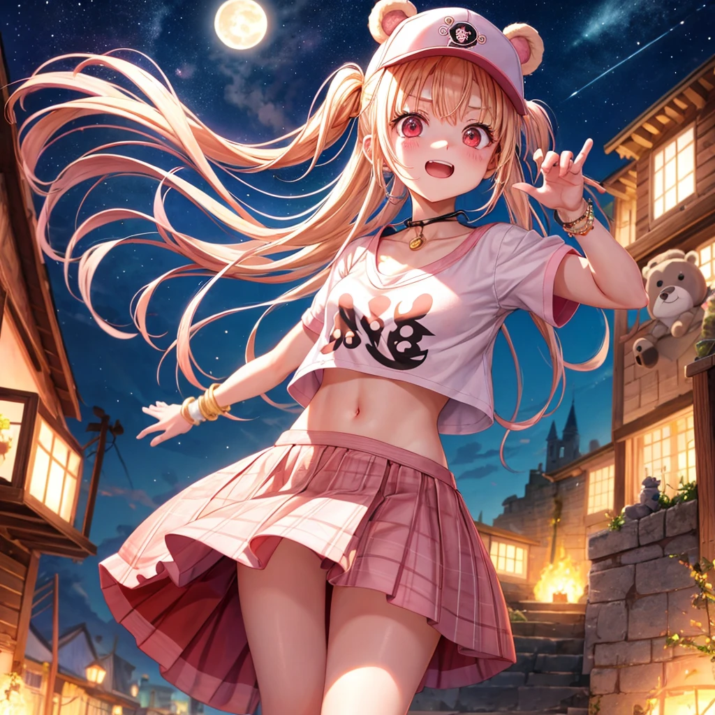 Pink Blonde、Red eyes、Hair 、One cute girl、solo、And soul、Light clothing、Checked mini skirt、black t-shirts、one piece、bear ears baseball cap、large tree、Thundercloud、Burning Full Moon、desert、Stones are piled up、Teeth are visible、Fortress City、Tilting face、Starry Sky、firework、A teddy bear is jumping