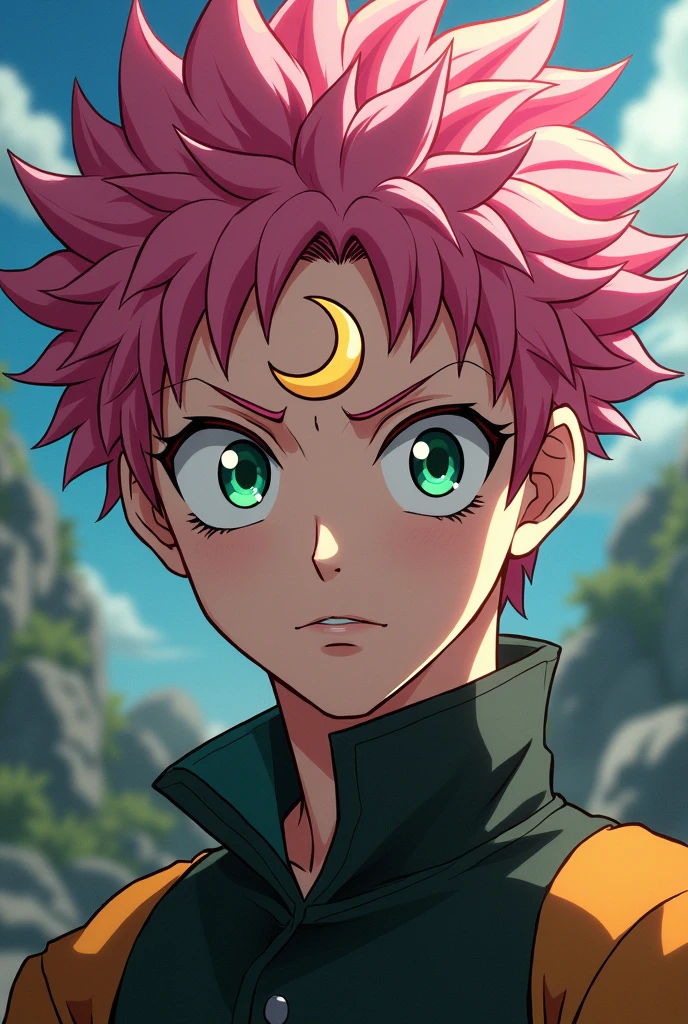 A very handsome male character of about 18 years old from the series Boku no hero academi who has the following short pink hair , the character has a strong look, character has green eyes .  On his forehead he has a symbol in the shape of a black crescent moon and
