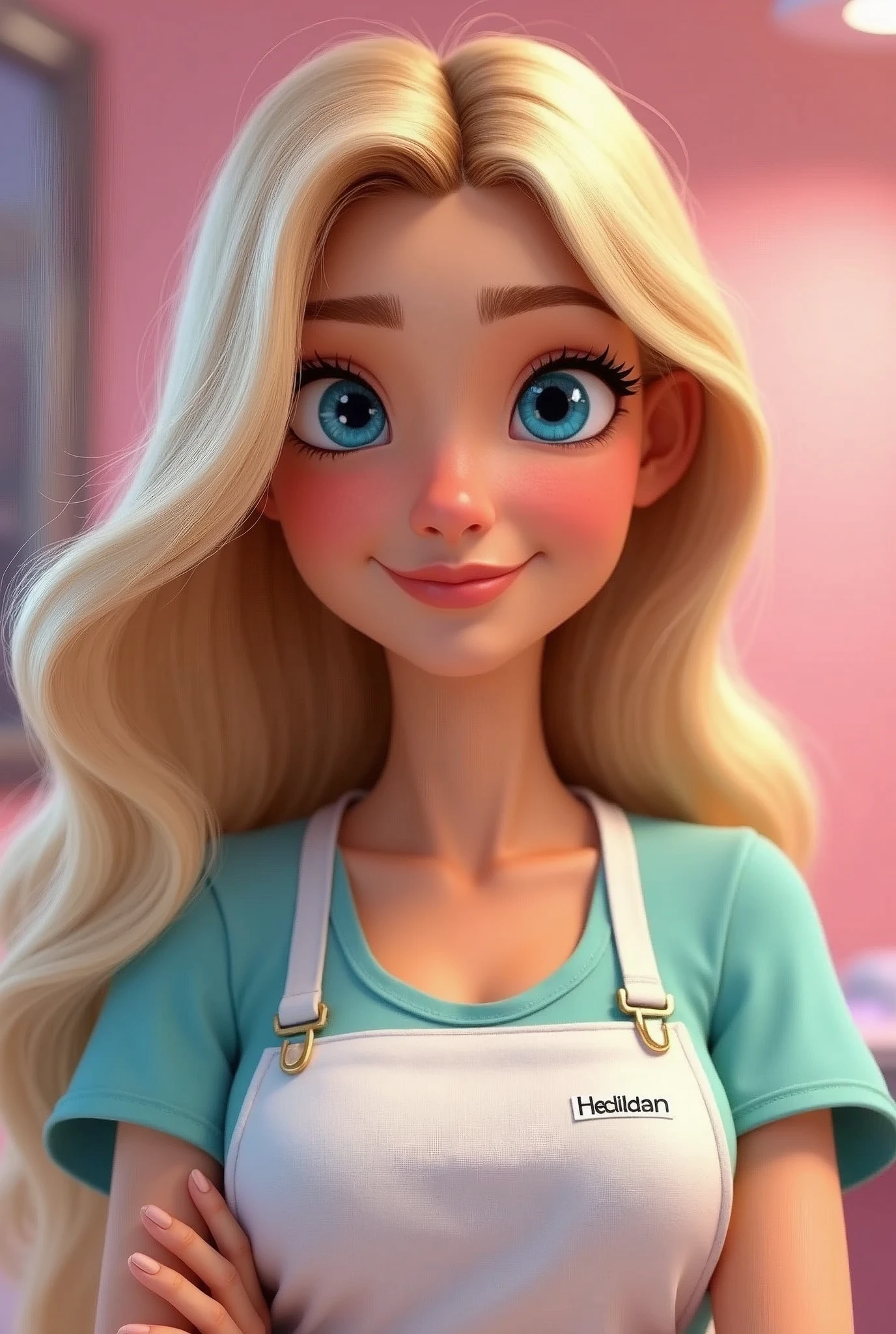 A blonde woman with blue eyes,length hair, work clothes as a beautician, pixar art.