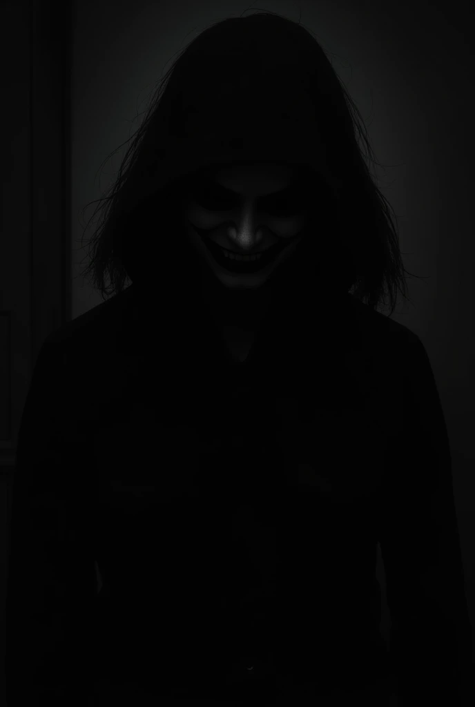 Side view silhouette of anonymous person smiling creepily while looking at you with black background
