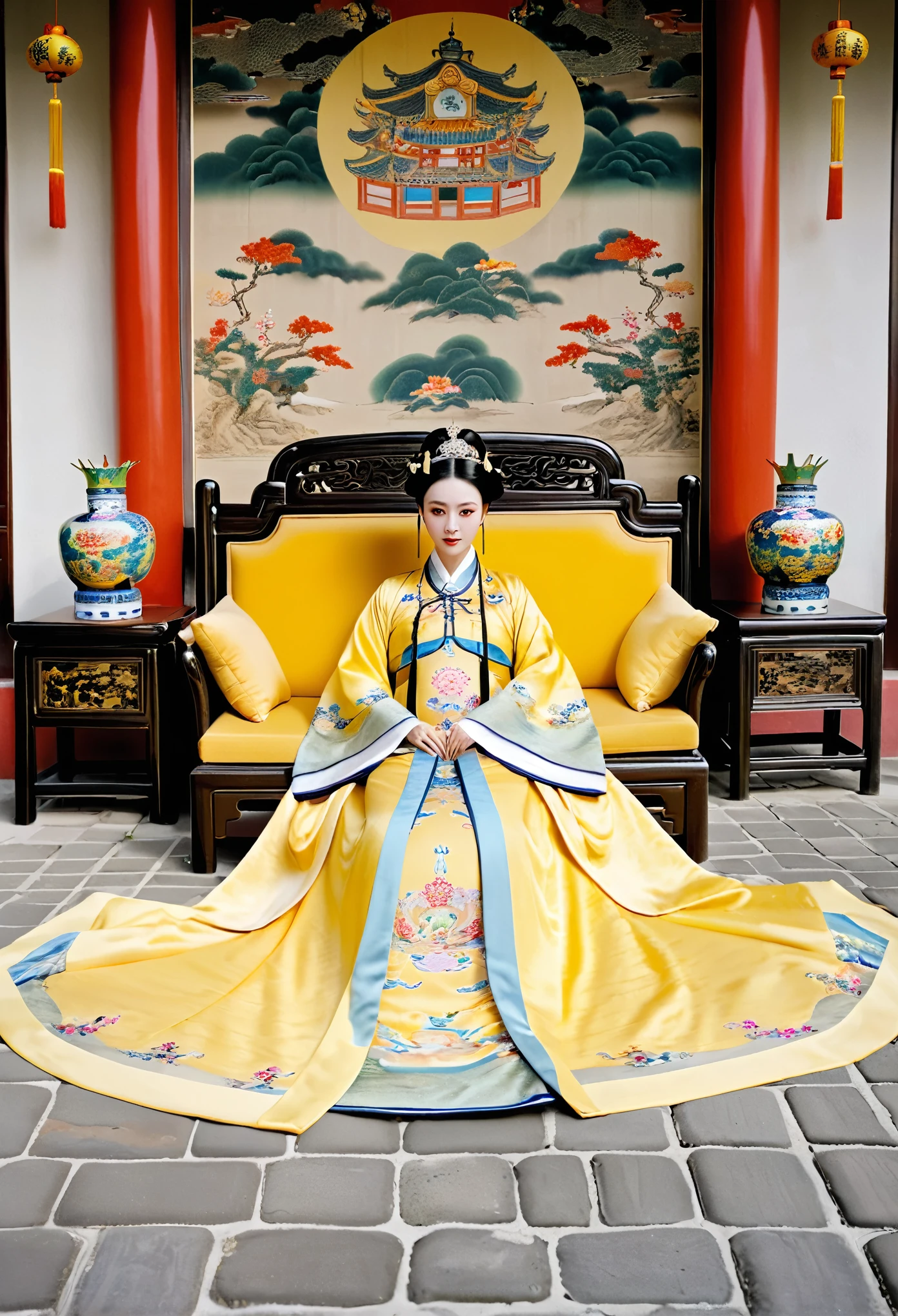 A gorgeous empress from the Chinese imperial court during the Qing Dynasty. A large yellow sofa with the empress naked and with her legs spread. A gorgeous empress from the Chinese imperial court with her hair tied on both sides. She is wearing a crown.、The background where she is tying her hair is、Cobblestones outside the Qing Dynasty Palace