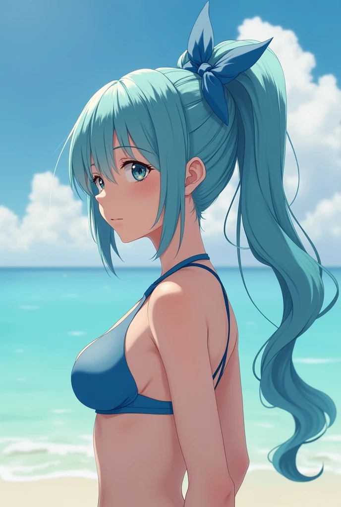 A girl in her 20s wearing a blue bikini　　Light blue hair ponytail　Blue ribbon on top of head　The bangs are parted
