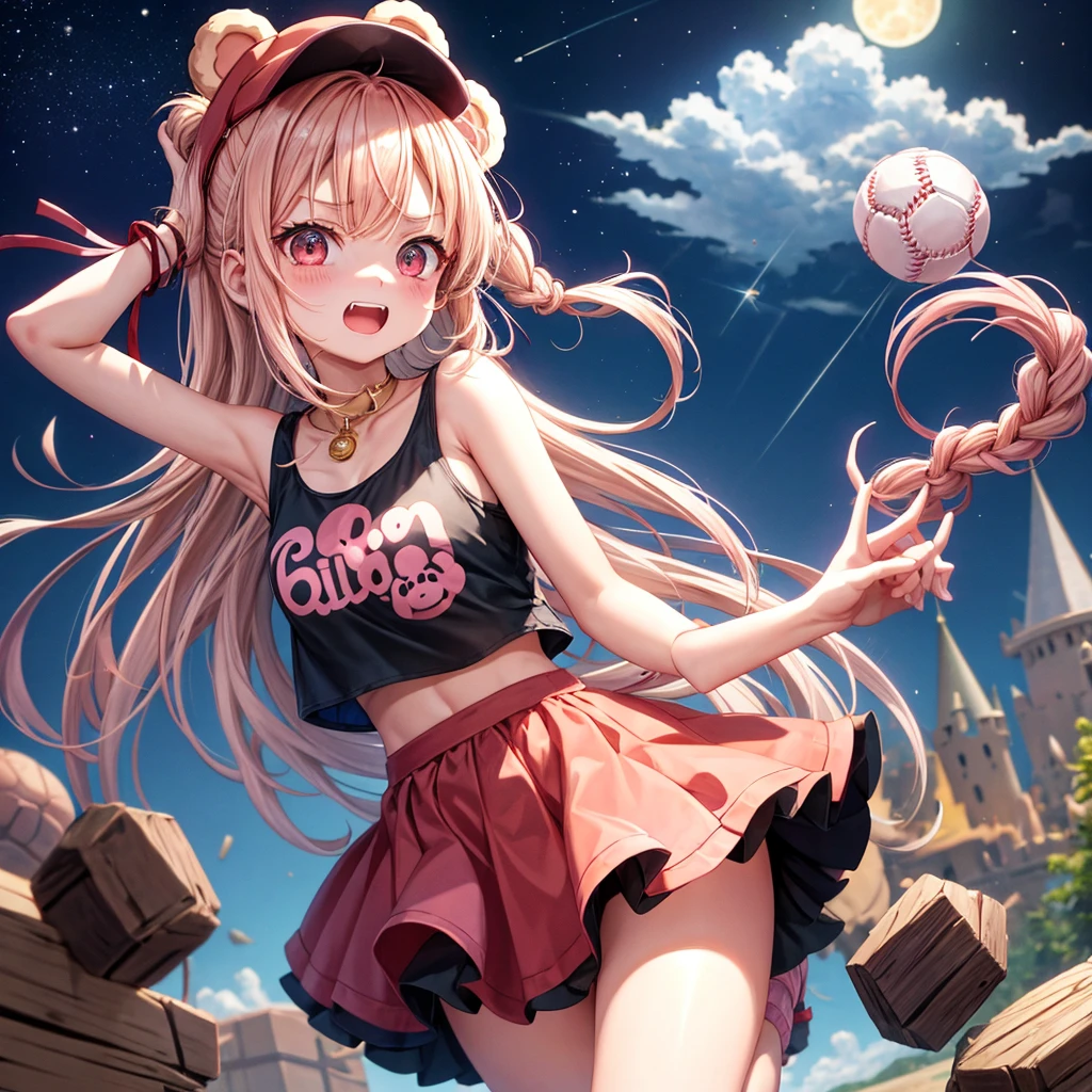 Pink Blonde、Red eyes、Hair tied up、One cute girl、solo、And soul、Light clothing、Checked mini skirt、black t-shirts、one piece、bear ears baseball cap、large tree、Thundercloud、Burning Full Moon、desert、Stones are piled up、Teeth are visible、Fortress City、Tilting face、Starry Sky、firework、A teddy bear is jumping