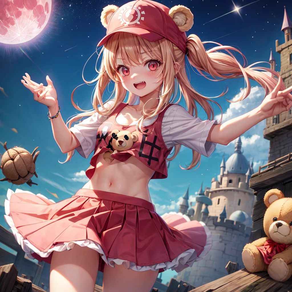 Pink Blonde、Red eyes、Hair tied up、One cute girl、solo、And soul、Light clothing、Checked mini skirt、black t-shirts、one piece、bear ears baseball cap、large tree、Thundercloud、Burning Full Moon、desert、Stones are piled up、Teeth are visible、Fortress City、Tilting face、Starry Sky、firework、A teddy bear is jumping