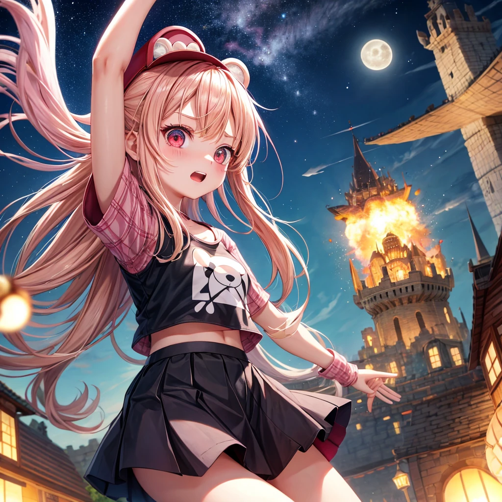 Pink Blonde、Red eyes、Hair tied up、One cute girl、solo、And soul、Light clothing、Checked mini skirt、black t-shirts、one piece、bear ears baseball cap、large tree、Thundercloud、Burning Full Moon、desert、Stones are piled up、Teeth are visible、Fortress City、Tilting face、Starry Sky、firework、A teddy bear is jumping