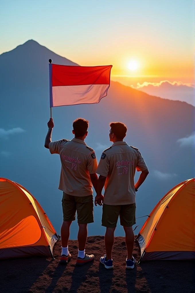 seorang pria Indonesia berusia 29 tahun yang mengenakan baju pramuka🇮🇩 dan seorang pria Indonesia berusia 35 tahun yang mengenakan kemeja pramuka🇮🇩 dengan mengenakan ikat kepala, They were on Mount Rinjani while waving the red and white flag with the words &#39;Indonesia ke 79&#39; written on it.. surrounded by 2 camping tents and blue fog clouds covering the natural beauty of the mountains that radiate the orange rays of the setting sun. Photos look clear, full HD high resolution